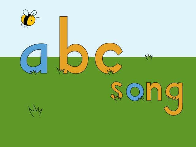 The letters a, b and c with the word song and Moppie the bee in a meadow.