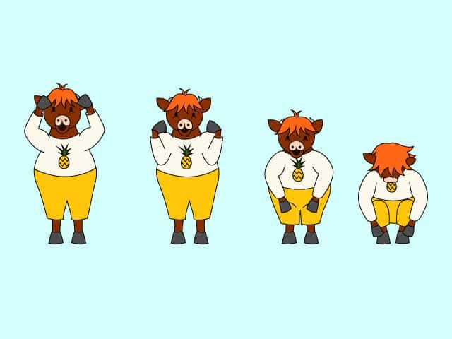 Illustration of Winnie the Cow, wearing a pineapple sweater and yellow pants, showing the basic movements for nursery rhyme Head, shoulders, knees and toes