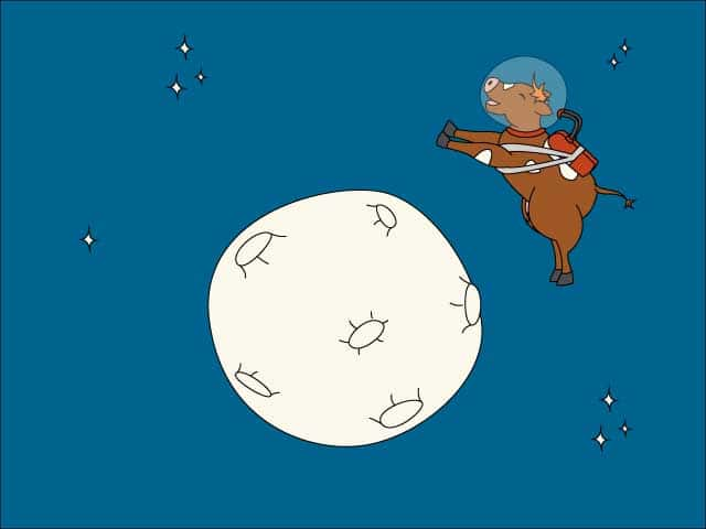 A cow with an astronaut's helmet jumps over the moon