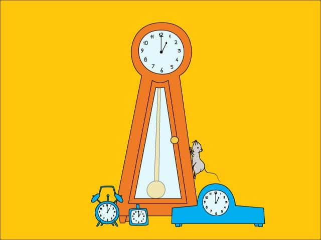 Illustration of four clocks and a little mouse for the nursery counting-out rhyme Hickory Dickory Dock