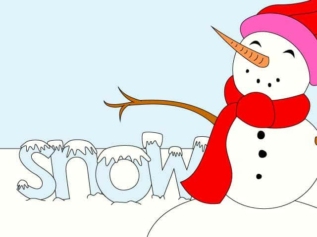 Snowman wearing a pink and red hat and scarf stands in a snowy meadow with the word snow standing next to it.